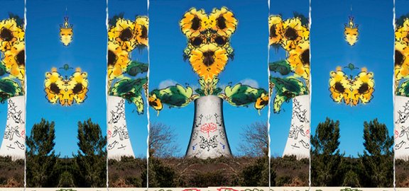 Collage, unterer Bildrand waagrecht weißer Hintergrund mit rot-grünen Mustern, darüber Fotografien von Atomkraftmeilern, aus denen statt Wasserdampf gezeichnete Sonnenblumen quellen